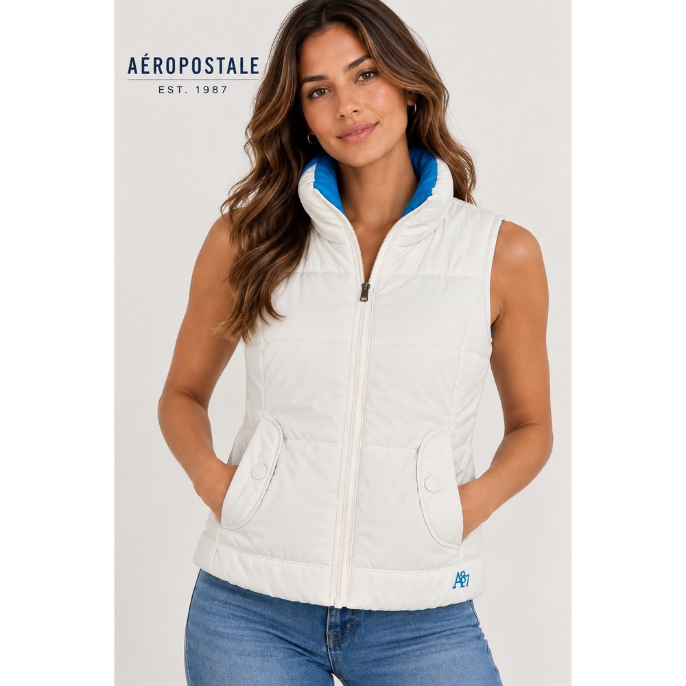 Aeropostale White Puffer Vest Blue Lining Sleeveless Quilted Jacket A87 Logo L